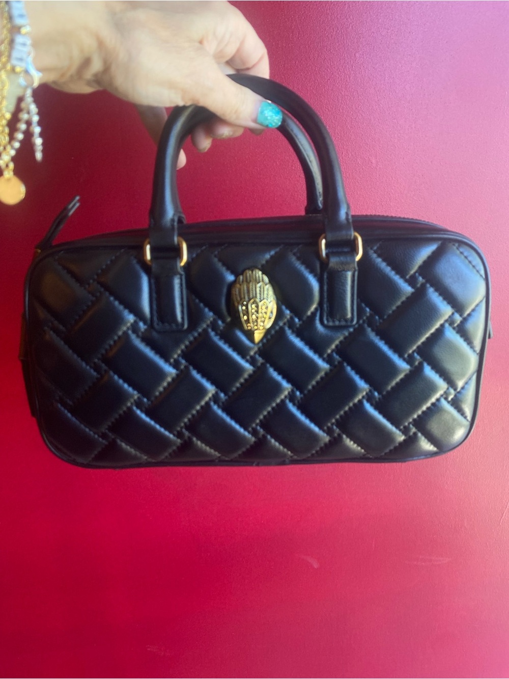 Kurt Geiger NWT Black Leather Small Duffle/Crossbody with Crystal Gold Eagle